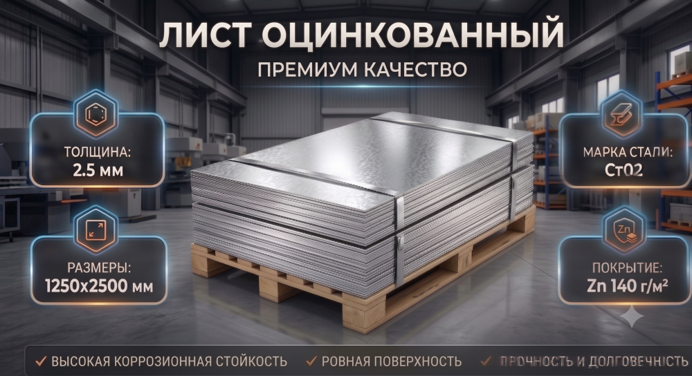 Лист оцинкованный 2.5х1250х2500 Zn140